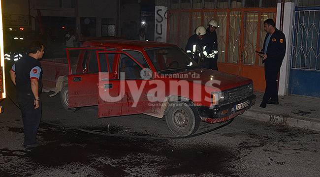 Karaman'da park halindeki araç yandı
