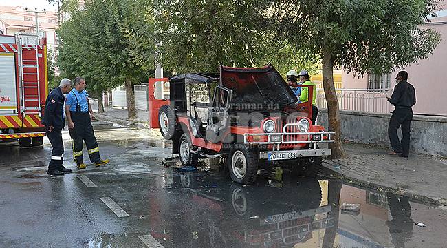 Karaman'da park halindeki araç yandı