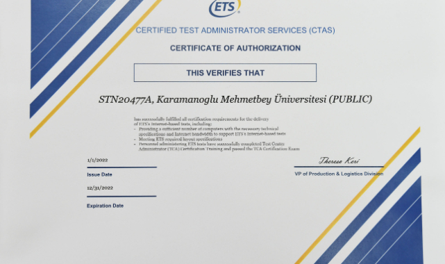 KMÜ Uluslararası ETS TOEFL (IBT) Yetki Sertifikasını Aldı