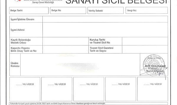 Sanayi Sicil Belgesi Sahip Firmalara Yıllık İşletme Cetveli Duyurusu
