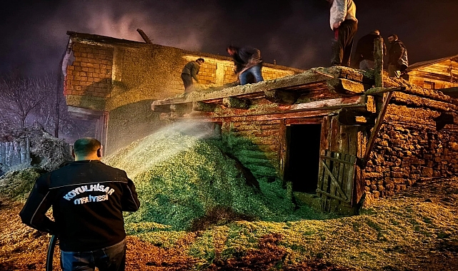 Yıldırım düşen ahır ve samanlıkta yangın çıktı
