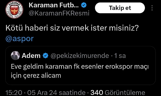 Karaman FK'dan A Spor'a gönderme