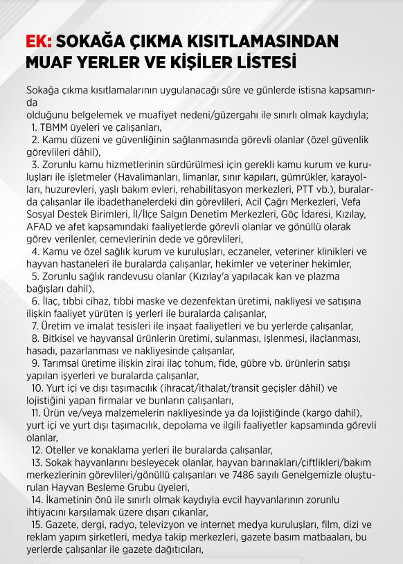 Sokağa çıkma yasağından muaf olacaklar belli oldu. İşte o liste