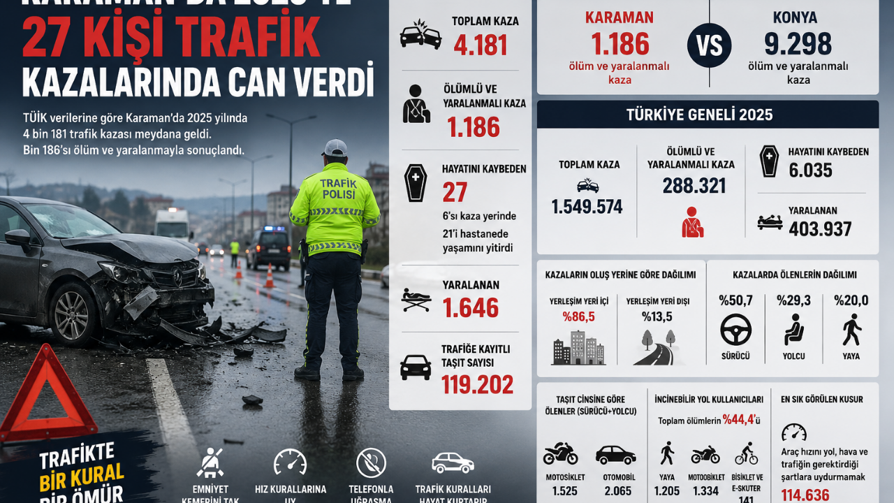 Karaman’da 2025’te Trafik Kazaları Can Aldı: 27 Kişi Hayatını Kaybetti