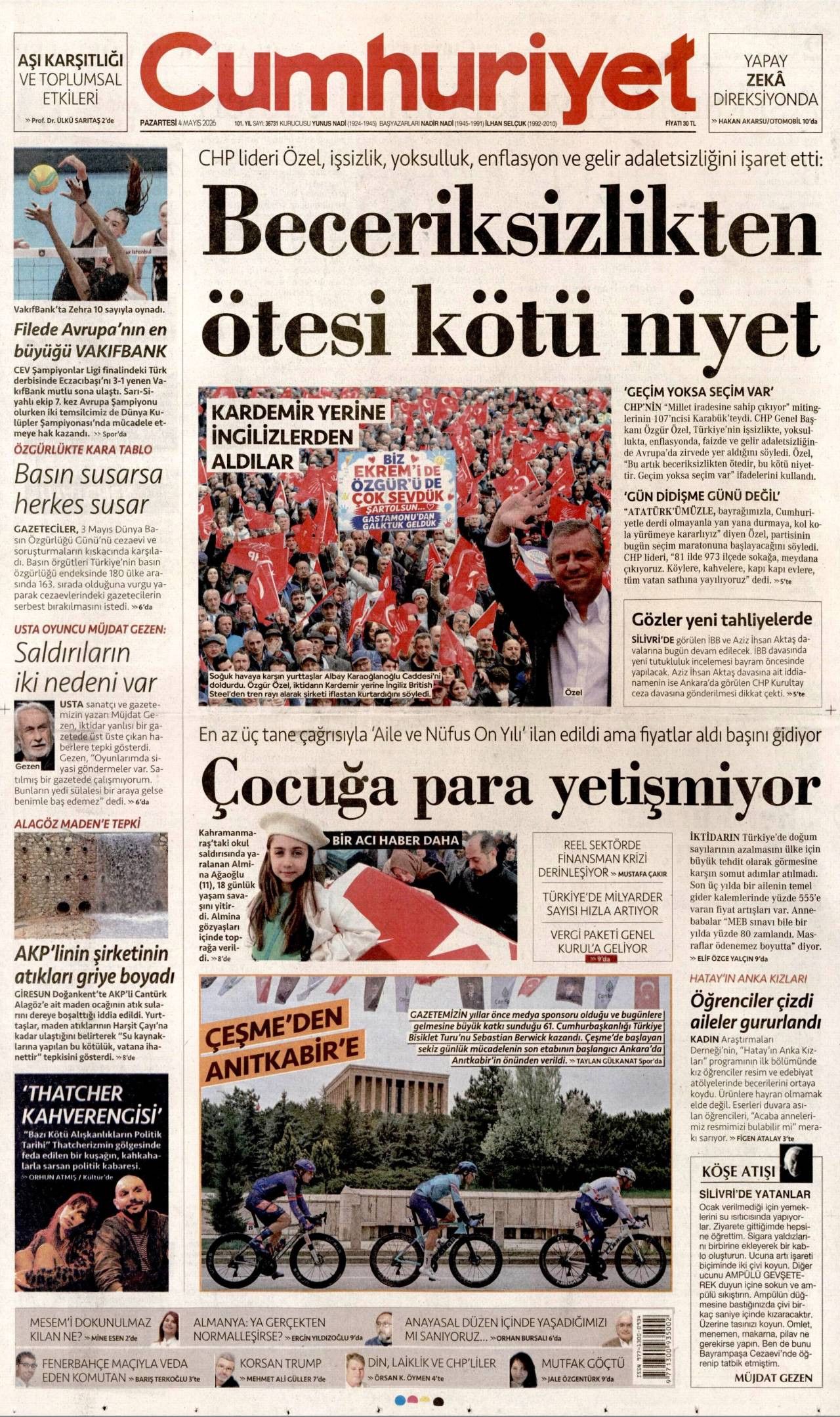 Cumhuriyet Gazetesi Gazete Manşeti